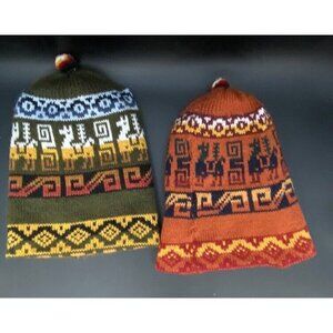 Unisex LOT 2 Multicolored Beanie Alpaca Llama Hand Knitted Wool Hats Reversible
